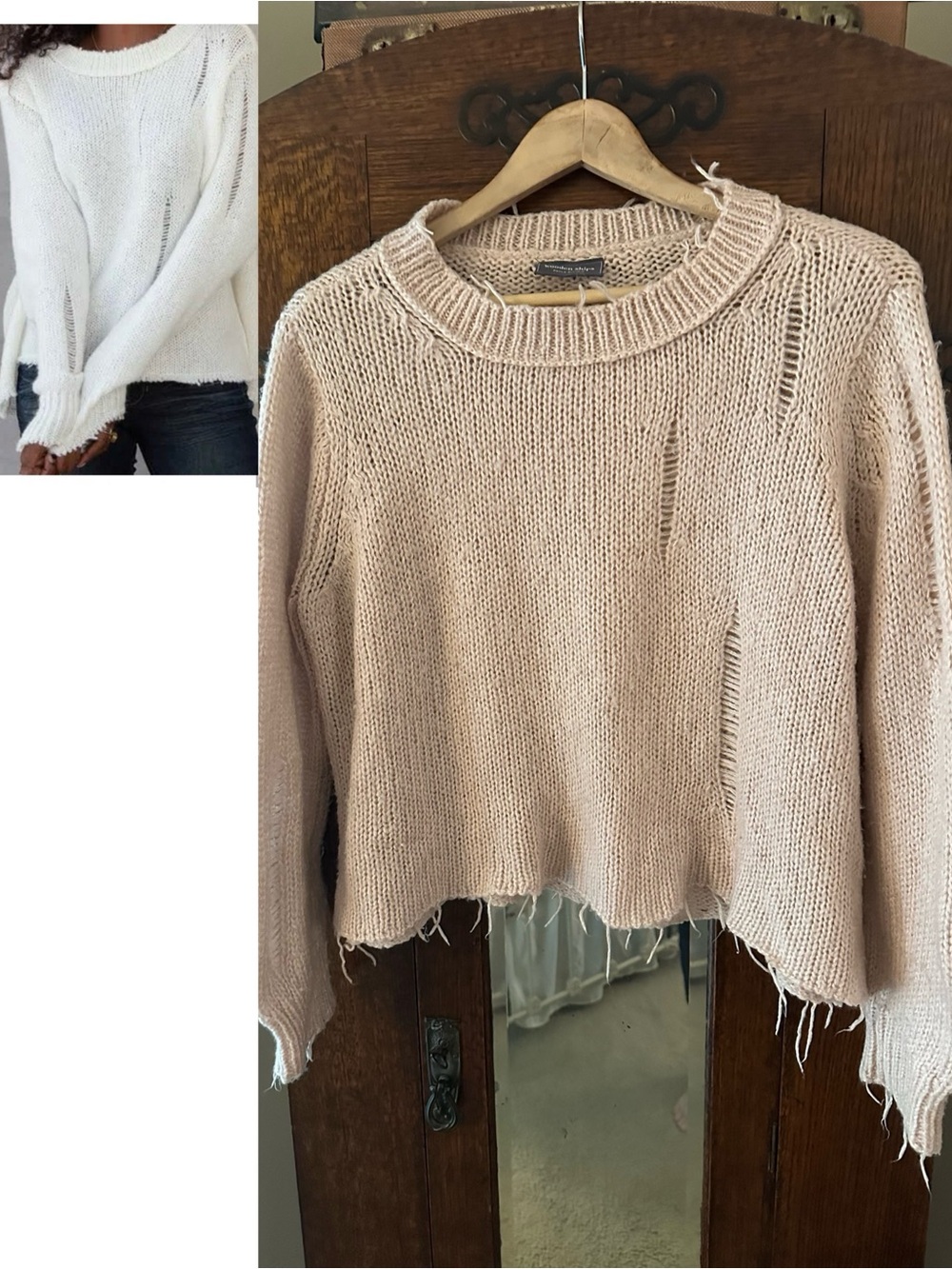 Wooden Ships Distressed Crew Mauve Knit Sweater Size Small Frayed Boho Mohair